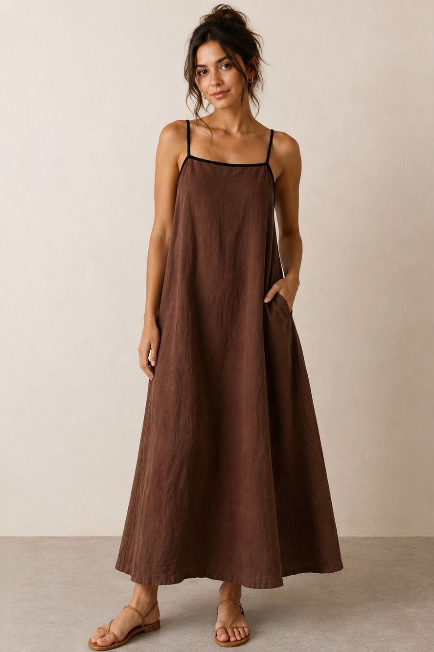 Shy Velvet Brown 100% Linen Maxi Dress Medium Spaghetti Strap Tie Back